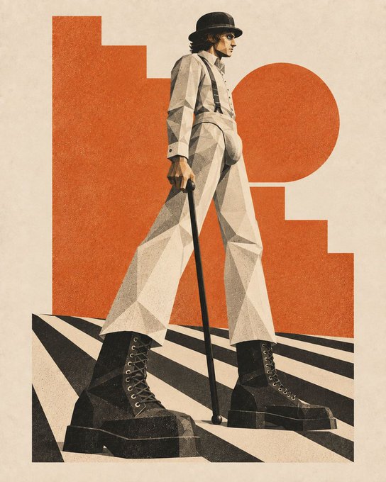 A stylized geometric/low-poly illustration of a figure wearing a bowler hat, white shirt with suspenders, and oversized black lace-up platform boots, holding a cane against an orange and white graphic background.