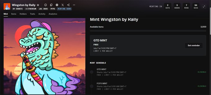A screenshot of a Mint webpage titled 'Wingston by Rally' showing a cartoon green dragon NFT with a cigar, displaying minting schedule details including GTD MINT and FCFS MINT tiers.