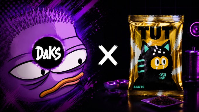 A promotional graphic showing a collaboration between 'DAKS' (purple character) and 'TUT' (black cat in a gold snack bag labeled 'AGNTS').