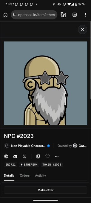 The image shows an OpenSea NFT listing page displaying "NPC #2023," a Non Playable Character token (ERC721 on Ethereum, token #2023), owned by Gath... (likely Gathi32), featuring a cartoon illustration of a bearded figure wearing star-shaped sunglasses and a yellow cap. The image ties to the post as it showcases the welcomed NFT collectible owned by @Gathi32 from the @npconchain collection.