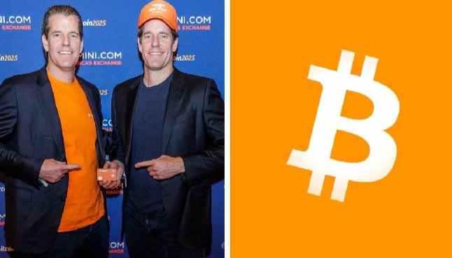 The image shows Tyler and Cameron Winklevoss at a Gemini event, with the Bitcoin logo on the right, visually representing the Gemini crypto exchange and its Bitcoin holdings mentioned in the post.