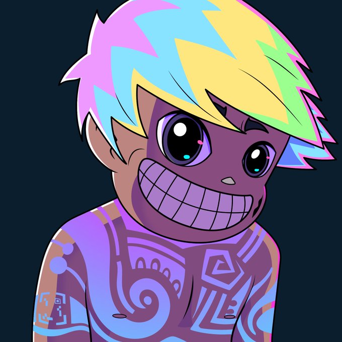A cartoon character with vibrant multicolored pastel hair (pink, yellow, blue, green) and an exaggerated toothy grin wears a purple tribal-patterned shirt, set against a dark background. The image complements the post's message about "Volt" by symbolizing the energetic, ambitious mindset needed to rebuild trust through execution and new opportunities, with the character's bright, electric-like colors reflecting the crypto project's name and the "energy" referenced in the text.