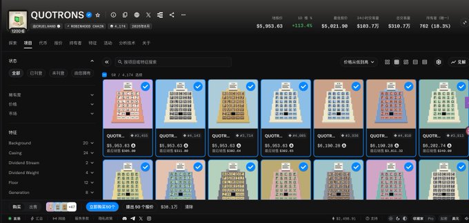 The image shows the Quotrons marketplace interface displaying a collection of procedurally-generated building NFTs, with floor prices ranging from $5,953 to $6,953 and 702 total items (18.3% listed), supporting the tweet's discussion of the platform's connection to Kraken's parent company Payward and its acquisition of BackedFi.