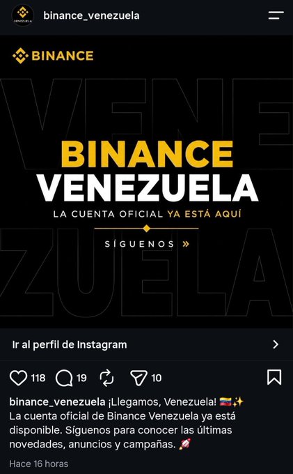 The image shows an Instagram post from "binance_venezuela" announcing "BINANCE VENEZUELA - LA CUENTA OFICIAL YA ESTÁ AQUÍ" (The official account is here), with 118 likes and 19 comments, posted 16 hours ago. This relates to the accompanying message highlighting how social media is being used to spread misinformation, as this account is claimed to be a falsely-created official Binance Venezuela account—a deceptive launch tactic exploiting the "news" platform to promote a fraudulent profile.