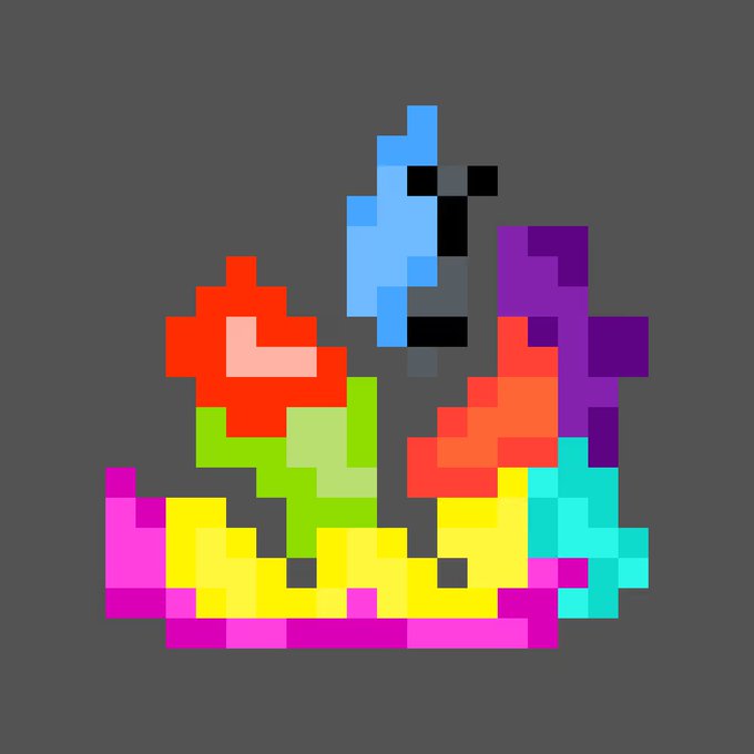 urn of water with a blue fish, red flower, and yellow flower on the left side, and purple flowers on the right side against a gray background.