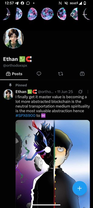 A Twitter/X profile page for "Ethan @orthodoxspx" with a pinned post discussing SPX6900 and blockchain abstraction, accompanied by an image of an anime character with a split face design.