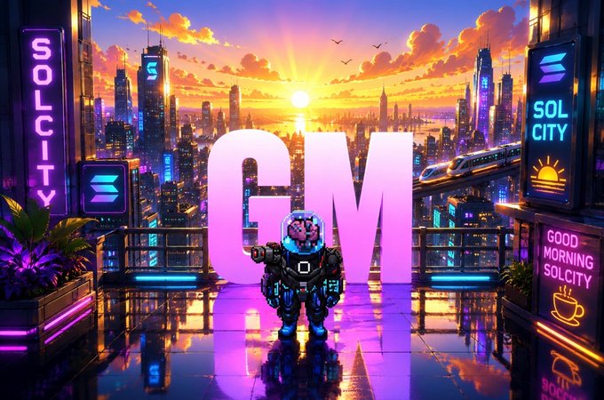 A vibrant, futuristic cityscape at sunset featuring large 'GM' letters, a small astronaut figure, and neon signs reading 'SOL CITY' and 'GOOD MORNING SOLCITY'.