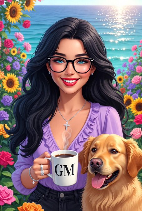 A digital illustration of a smiling woman with long black hair and glasses, holding a white mug labeled 'GM', standing next to a golden retriever dog against a backdrop of colorful flowers and sparkling ocean water.