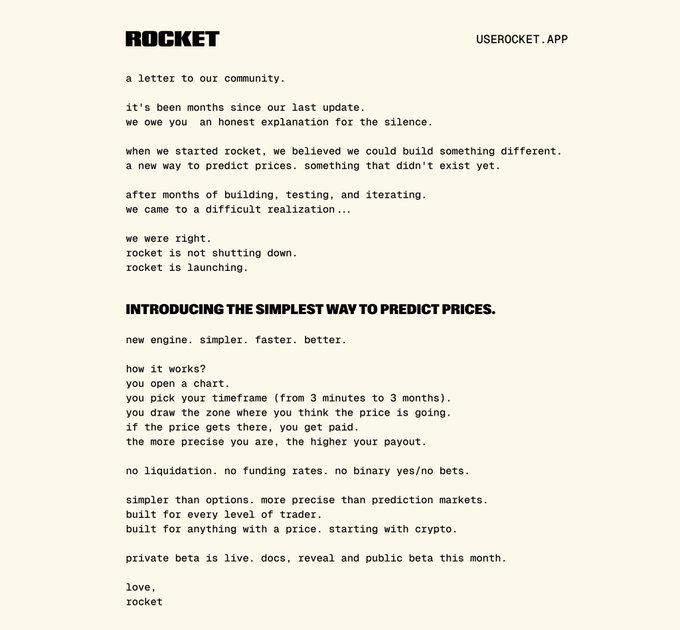 A letter from Rocket (userocket.app) to their community announcing their relaunch, introducing a new price prediction engine with private beta live and public beta coming this month.