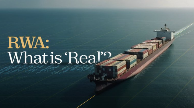 An aerial view of a container ship on the ocean with the text 'RWA: What is Real?' overlay.
