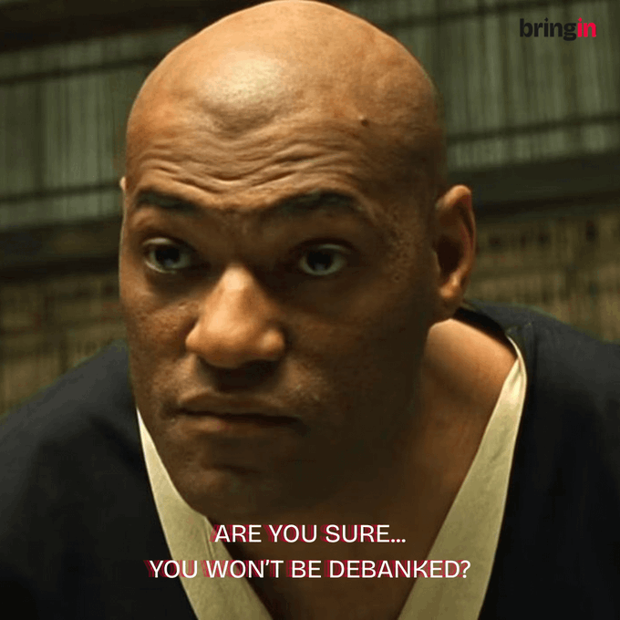 A close-up image of a bald man's face from a video game with the text 'ARE YOU SURE... YOU WON'T BE DEBANKED?' overlaid, along with a 'bringin' watermark in the top right corner.