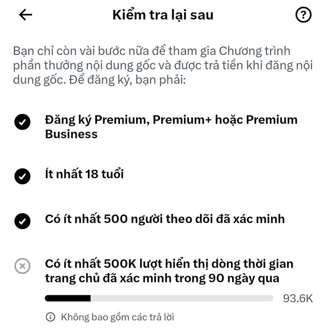 A Vietnamese-language mobile app screenshot titled 'Kiểm tra lại sau' (Check back later) showing requirements for a content creator program, with completed checkmarks for Premium subscription, being 18+ years old, and 500+ verified followers, but an unmet requirement for 500K impressions showing only 93.6K.