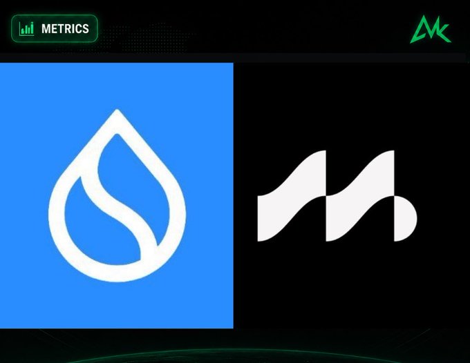 A 'METRICS' branded graphic displaying two cryptocurrency logos side by side: a blue Sui (SUI) logo and a black/white logo resembling the NEAR Protocol symbol.