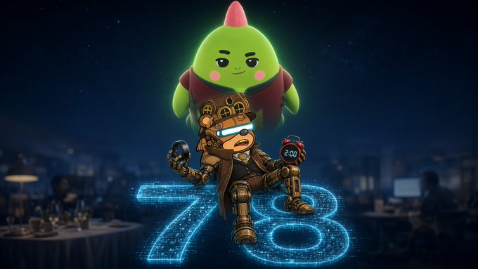 A 3D illustration of a steampunk-style character wearing a hat and goggles, holding a digital watch showing "2:00," sitting on a glowing blue "78" with a green blob-like creature floating above.