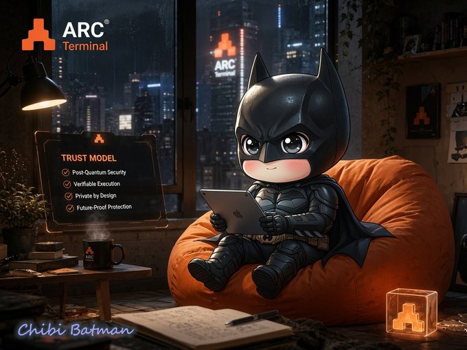 A chibi-style Batman character sitting on an orange beanbag using a laptop, with an 'ARC Terminal' logo and a 'TRUST MODEL' info panel highlighting post-quantum security and verifiable execution.