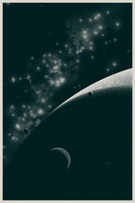 A dark space scene featuring a large planet with a crescent moon and smaller moons, set against a backdrop of glowing stars and nebula.