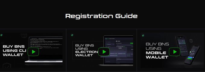 A 'Registration Guide' header above three video tutorial thumbnails titled 'BUY BNS USING CLI WALLET', 'BUY BNS USING ELECTRON WALLET', and 'BUY BNS USING MOBILE WALLET'.