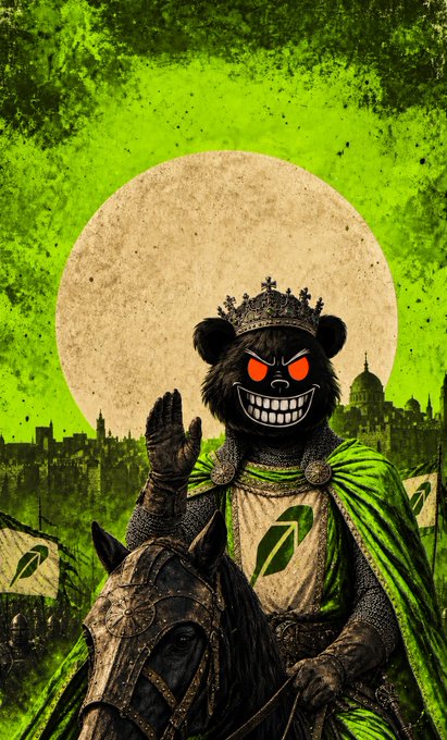 An illustrated depiction of a crowned bear character with glowing red eyes and a wide grin, wearing green and gold royal attire while riding a horse against a green moonlit cityscape.