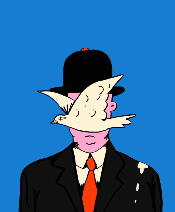 A surreal pop art style illustration of a figure in a black suit with red tie and bowler hat, whose face is obscured by a white flying bird, set against a bright blue background.