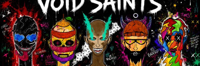 The image features a black banner with five different faces of cartoon characters painted on it. The faces are drawn using bright colors such as red, yellow, green, blue, and orange. The text "Void Saints" is written above each face in white letters. The background of the banner has graffiti art style elements, adding to the overall chaotic and artistic feel of the image.