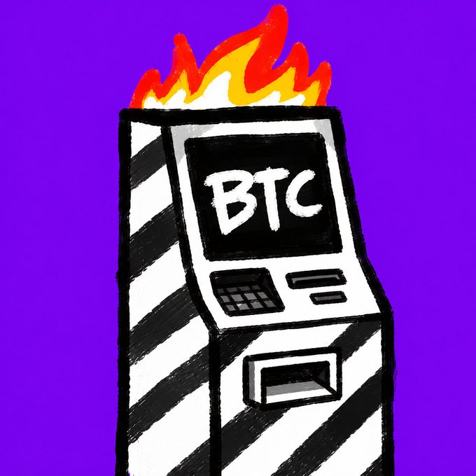 A hand-drawn illustration shows a black-and-white striped Bitcoin ATM engulfed in flames, with "BTC" displayed on its screen. The fiery, burning machine symbolizes the chaotic "degen" energy and high-risk, fast-paced FCFS mint culture surrounding the upcoming Ink Machines NFT launch on Ink.