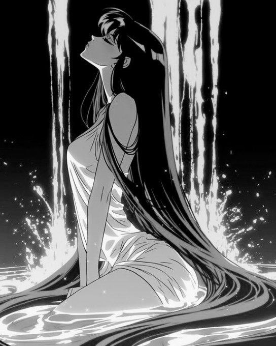 A black and white anime-style illustration shows a woman with long dark hair sitting in water, looking upward as streams of water cascade behind her.