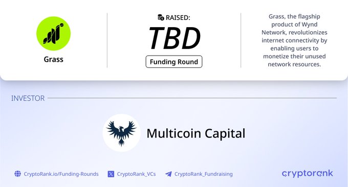 An informational graphic from CryptoRank announces that Grass, the flagship product of Wynd Network, is conducting a TBD funding round with Multicoin Capital as the investor. The image highlights Grass's mission to revolutionize internet connectivity by allowing users to monetize unused network resources.