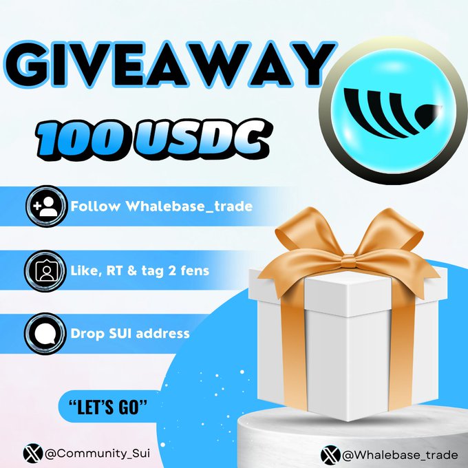 The image shows a white gift box with a gold ribbon sitting atop a white pole. The background of the image features text that reads "GIVEAWAY" along with another line of text announcing an exclusive opportunity for Whalebase users, specifically those involved in trading whalebase coins. The text explains that 100 USDC has been donated to the community and invites the viewers to follow Whalebase, trade or participate in the campaign.