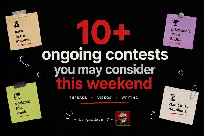 The image is a graphic announcing "10+ ongoing contests you may consider this weekend," featuring sticky notes highlighting prizes up to $200K, opportunities to earn extra income, and a weekend deadline, related to threads, videos, and writing. It is attributed to "gmïdave" and complements the post listing specific Twitter/X contests like the CrabX thread contest ($250 prize, ending July 19) and Bybit Africa contest ($500 prize).