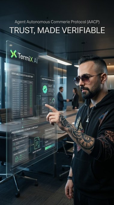 A promotional image for 'TermiX AI' featuring the tagline 'Agent Autonomous Commerce Protocol (AACP) - TRUST, MADE VERIFIABLE', showing a tattooed man pointing at a transparent digital interface displaying executable execution history and programmable escrow contracts.