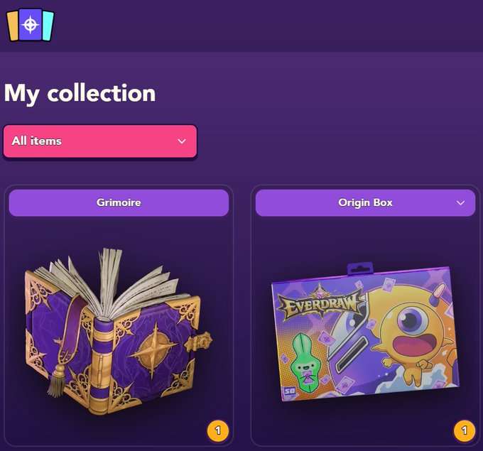 A digital collection screen displays two items: a "Grimoire" (a decorative spellbook) and an "Origin Box" (an Everdraw product), both showing a quantity of 1. The caption humorously captures the irony of someone spending $220 on NFTs based purely on "vibes," with the sleek but sparse collection page visually reinforcing the "no idea what I'm doing" sentiment—two shiny items, zero research, full commitment.