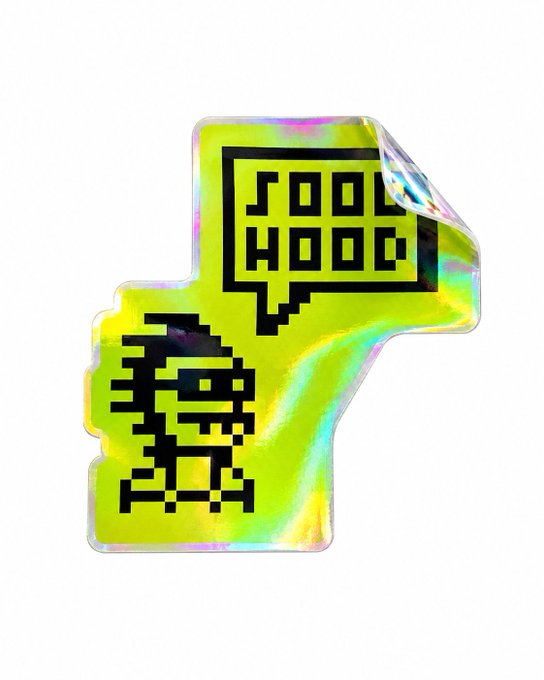 A holographic sticker featuring a pixelated character with X-shaped eyes and a speech bubble reading 'FOOL MOOD' in black text on a yellow-green iridescent background.