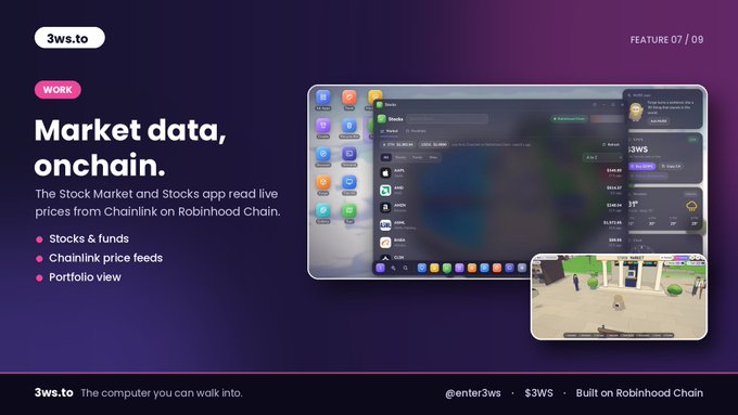 A purple promotional slide for “3ws.to” presents “Market data, onchain” features, including stocks and funds, Chainlink price feeds, and portfolio view, alongside a computer and phone mockup.