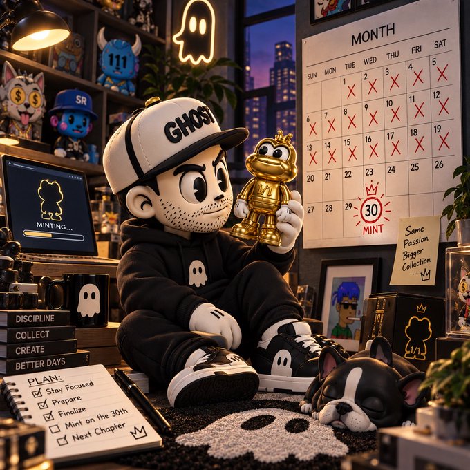 A cartoon-style illustration depicts a character wearing a 'GHOST' cap and black hoodie holding a golden frog figurine, surrounded by books labeled 'DISCIPLINE', 'COLLECT', 'CREATE', and a calendar marked with X's leading to 'MINT' on the 30th.