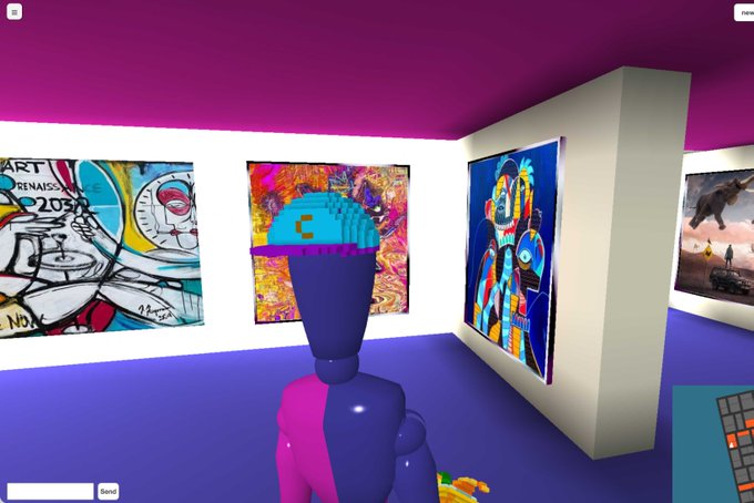 A screenshot from a 3D virtual art gallery where a blue character wearing a blue cap stands before colorful paintings on white walls in a room with a magenta ceiling and purple floor.