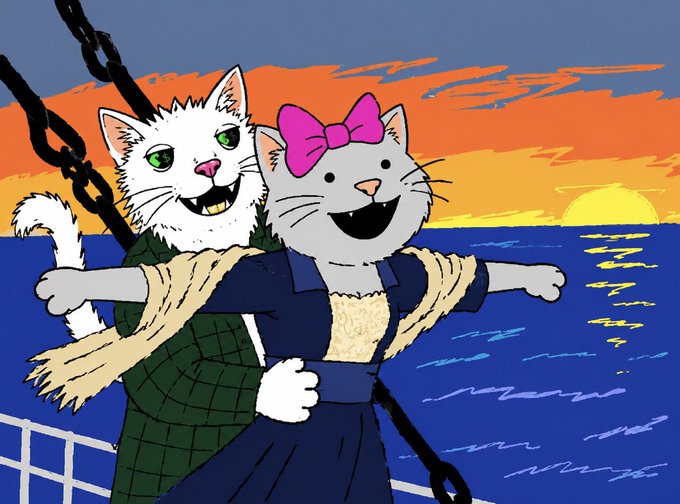 A cartoon illustration of two cats on a ship at sunset, recreating the famous 'I'm Flying' scene from Titanic, with one cat wearing a pink bow on its head.