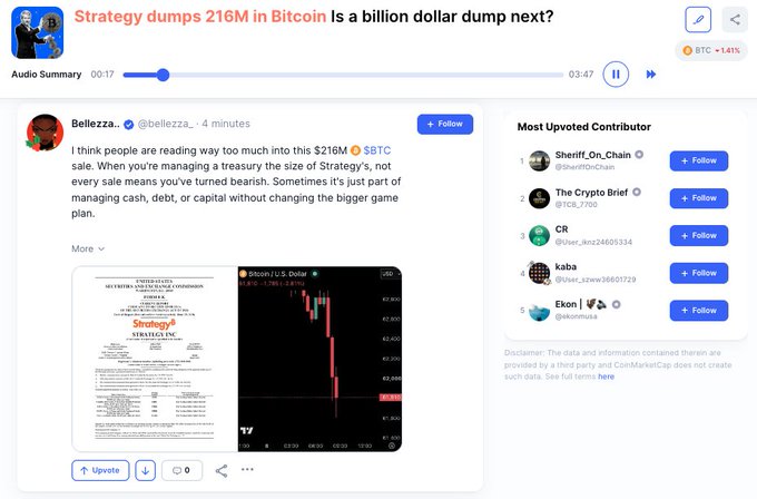 The image shows a social media post discussing Strategy's $216M Bitcoin ($BTC) sale, with a chart displaying Bitcoin's price decline of -2.16% around the $62,400 level, accompanied by a formal certificate of amendment document from Strategy, Inc.