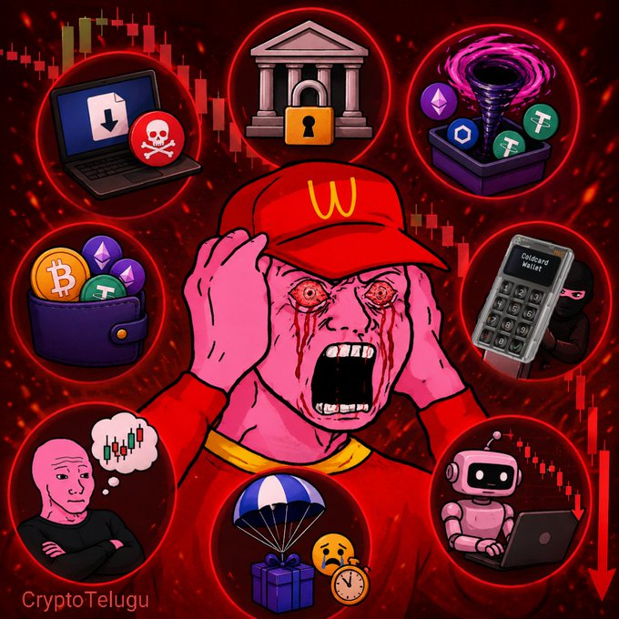 A panicked character wearing a red McDonald's-style cap with "W" logo screams while surrounded by icons depicting crypto anxieties: a malware-infected laptop, a locked vault, a tornado over DeFi tokens, a CEX with Bitcoin and altcoins, a hardware wallet ("Coldcard Wallet") next to a masked thief, a worried man thinking of price crashes, and an airdrop with a ticking clock and sad emoji—visually narrating the chaotic journey of a crypto user trying to protect their funds.