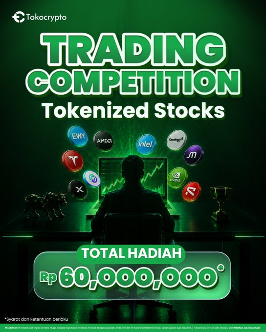 A promotional poster for Tokocrypto's Tokenized Stocks Trading Competition, featuring a silhouetted trader at a glowing green monitor surrounded by logos of major companies including Tesla, Nvidia, Intel, AMD, and ENY, advertising a total prize pool of Rp60,000,000 for the August 5 - September 5, 2026 event.