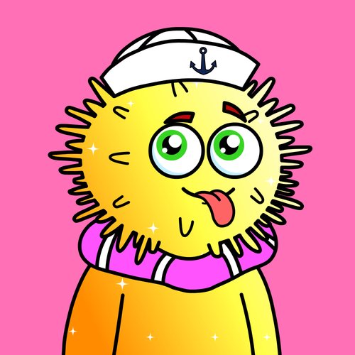 A cartoon illustration of a fuzzy yellow character with big green eyes, sticking out its tongue, wearing a purple shirt, yellow pants, and a white sailor hat with an anchor emblem, set against a bright pink background.