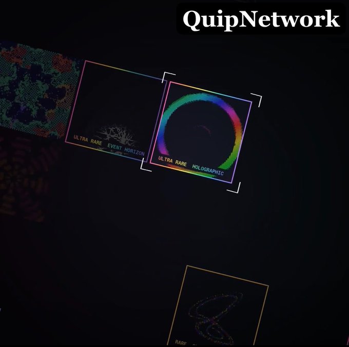 A dark image displaying digital cards or stickers labeled 'ULTRA RARE EVENT HORIZON' and 'ULTRA RARE HOLOGRAPHIC', with the 'QuipNetwork' logo in the top right corner.