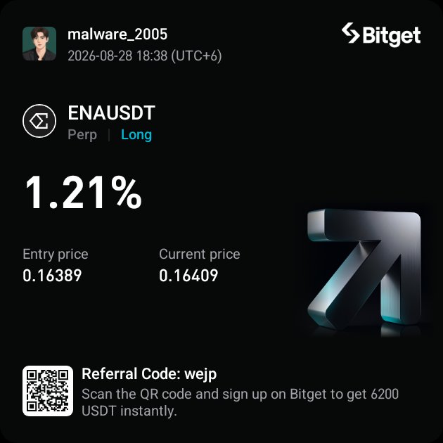A Bitget trading interface showing a Long position on ENAUSDT with a 1.21% gain, an entry price of 0.16389, and a current price of 0.16409, along with a referral code 'wejp'.