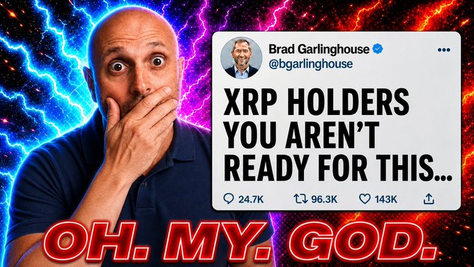 A shocked bald man reacts with the caption "OH. MY. GOD." alongside a tweet from Brad Garlinghouse (@bgarlinghouse) reading "XRP HOLDERS YOU AREN'T READY FOR THIS..." which has 24.7K comments, 96.3K reposts, and 143K likes, serving as dramatic clickbait for a video debunking the viral rumor about the XRP ledger "burning way more than it should."