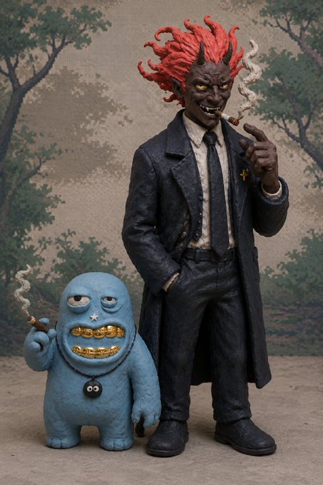 Two action figures, a tall devil-like figure in a black suit smoking a cigar and a smaller blue monster also smoking, posed together against a forest backdrop.