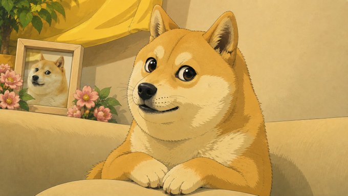An illustrated Shiba Inu dog rests on a couch next to a framed photo of a similar dog and pink flowers.