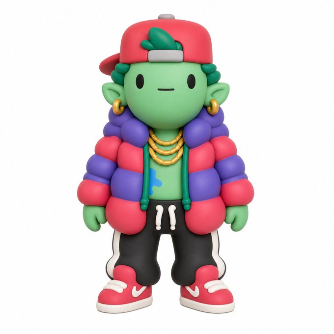 A 3D-rendered cartoon character with green skin, a red cap, puffy purple and red jacket, gold chains, and black pants with red sneakers.