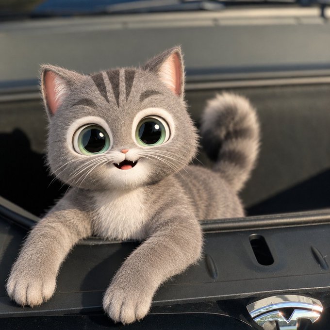 A cute cartoon-style gray tabby kitten with large green eyes sticks its head out of a car window, resting its paws on the door with the Tesla logo visible below.