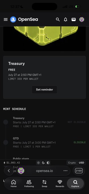 A screenshot of OpenSea showing a "Treasury" mint card that is free with a limit of 333 per wallet, scheduled for July 27 at 2:50 PM GMT+1, likely related to the HoodAi NFT project mentioned in the post.