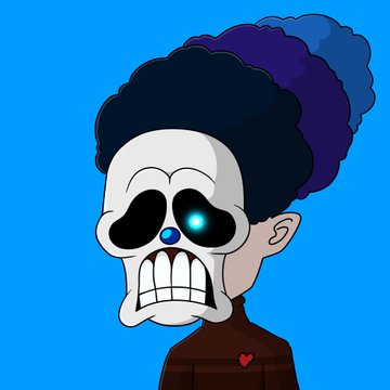 A cartoon character with an afro, a skeletal skull-like face featuring large black eyes with a glowing blue pupil, and gritted teeth is depicted against a bright blue background, wearing a brown shirt with a small red heart on it. The spooky, hand-drawn style reflects the "classy to spooky" 1/1 original Metapunks NFT collection being promoted for sale on xrp.cafe.