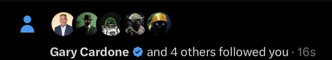 A social media notification shows that "Gary Cardone ✓ and 4 others followed you · 16s," accompanied by a row of profile pictures including a man in a suit, a figure in a green hat, a character resembling a pickle, a Yoda-like character, and an astronaut. The image supports the post by confirming that Gary Cardone, along with several others including what appears to be Yoda, all followed the user within the same timeframe.